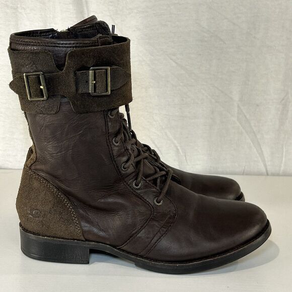 UGG MAAVERIK BROWN LEATHER Biker Combat BUCKLE BOOTS, US 8.5/ EUR 39.5 - Picture 1 of 7